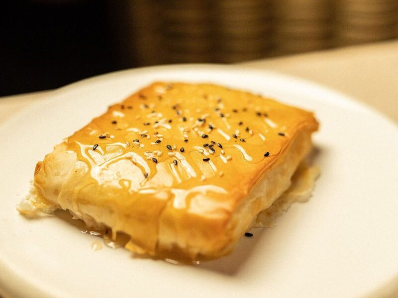 Crispy feta parcel in golden phyllo with honey and sesame