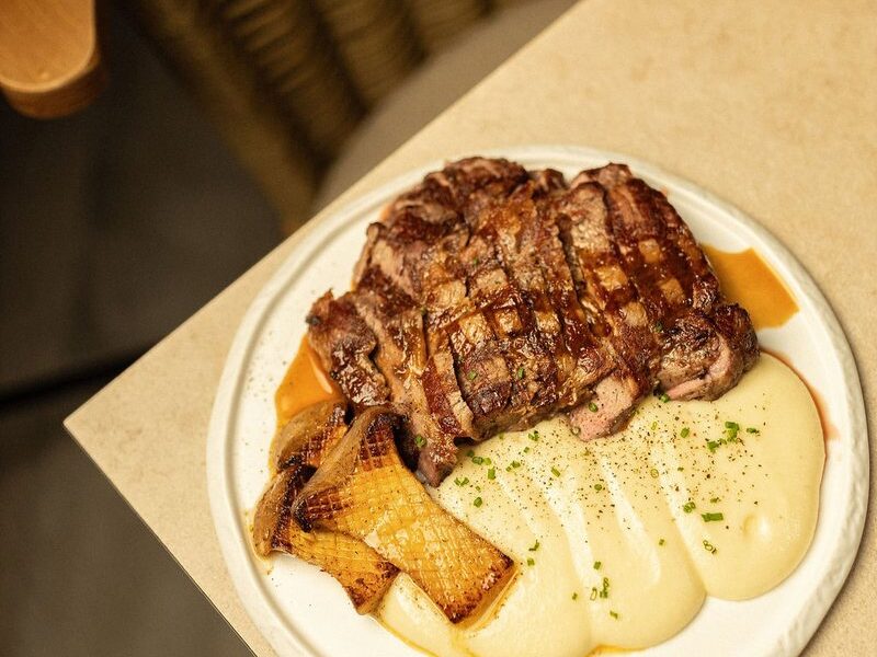 Seared ribeye with mashed feta potato and king oyster mushrooms